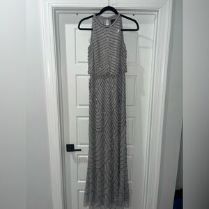 Adrianna Papell Silver Beaded Blouson Halter Gown